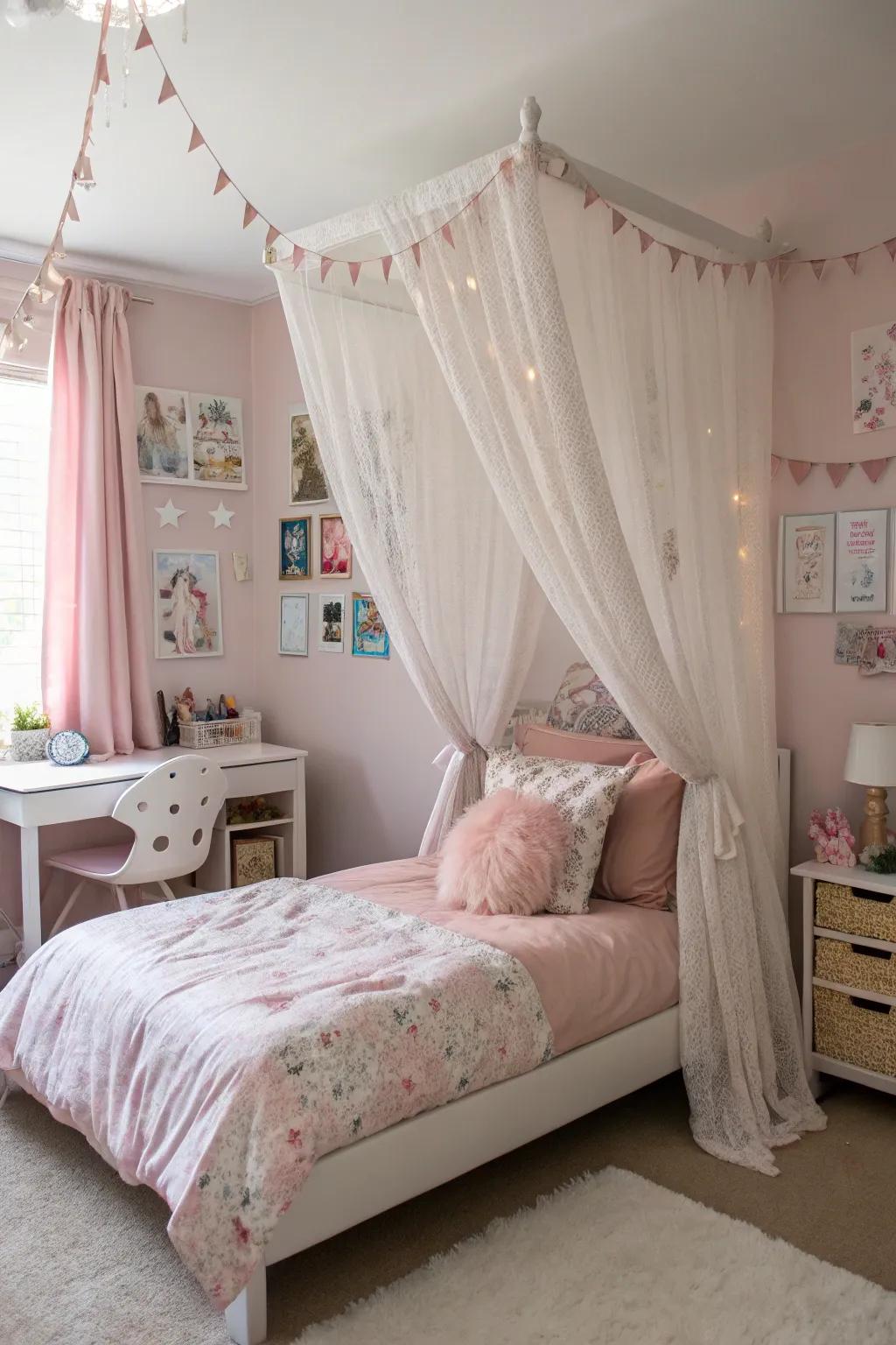 A draped bed imparts a touch of royalty to any girl's room.