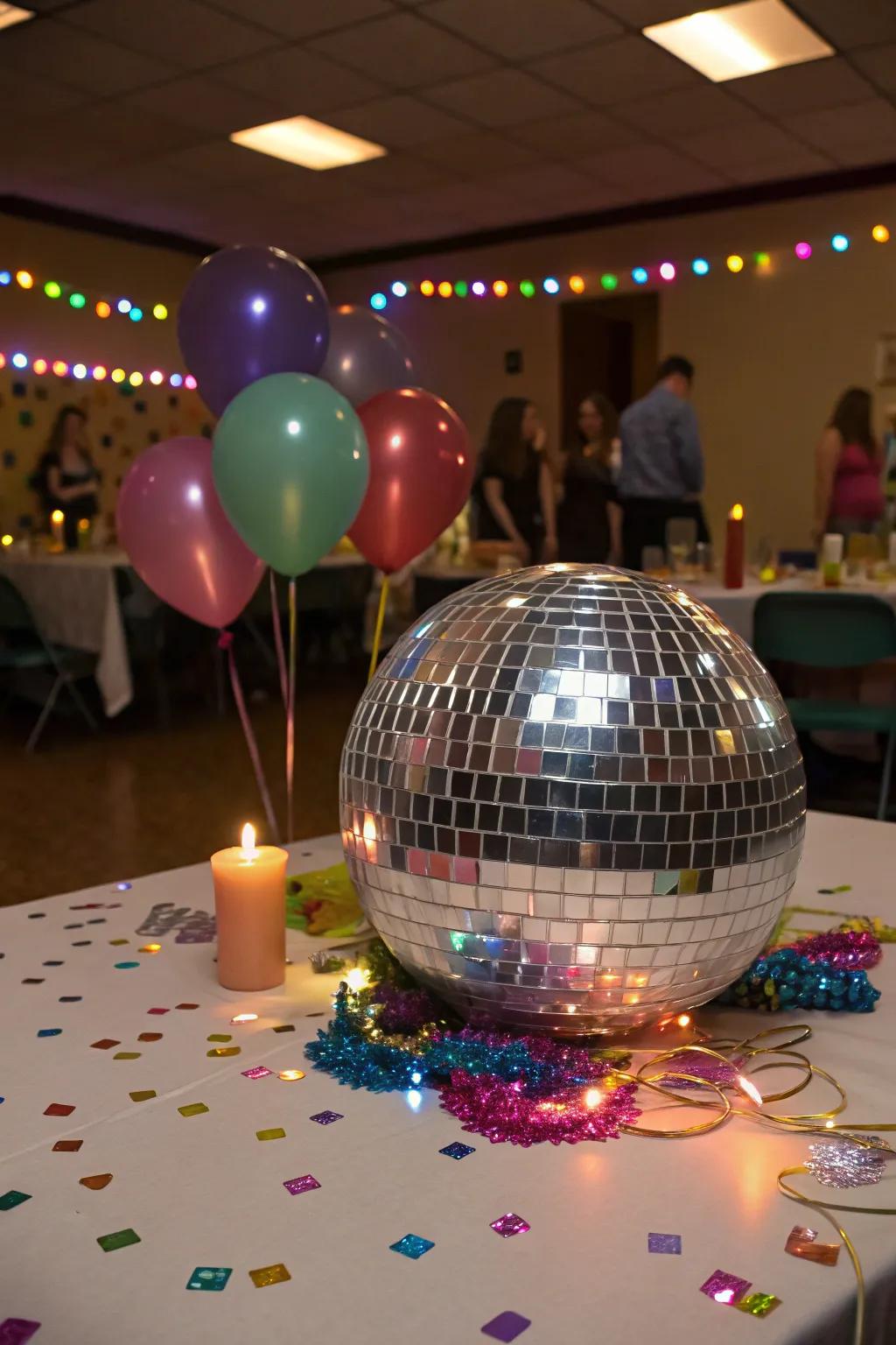 A mirror ball centerpiece establishes the atmosphere for fun and dance.