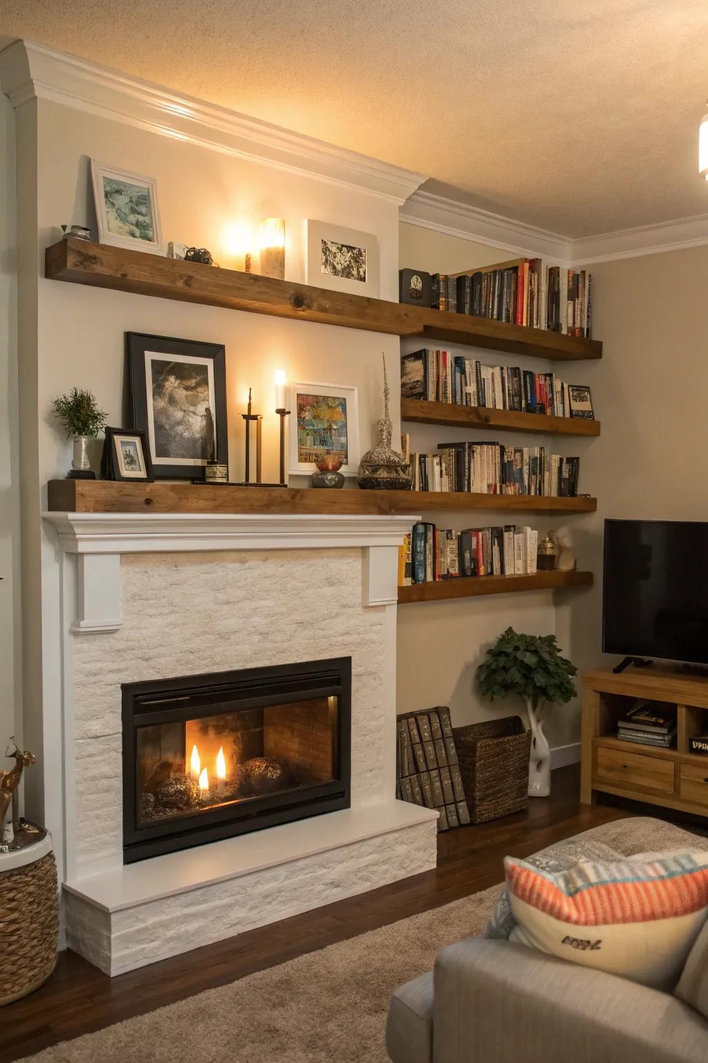 Elevated planks provide a versatile and personal display above the fireplace.