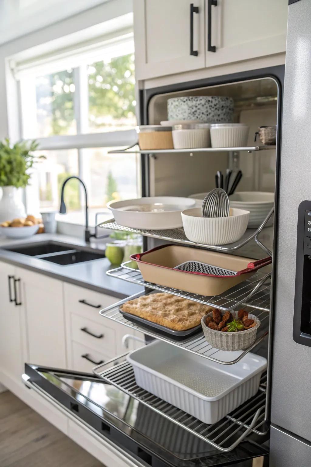 Decorative bakeware serves a dual purpose above the fridge.