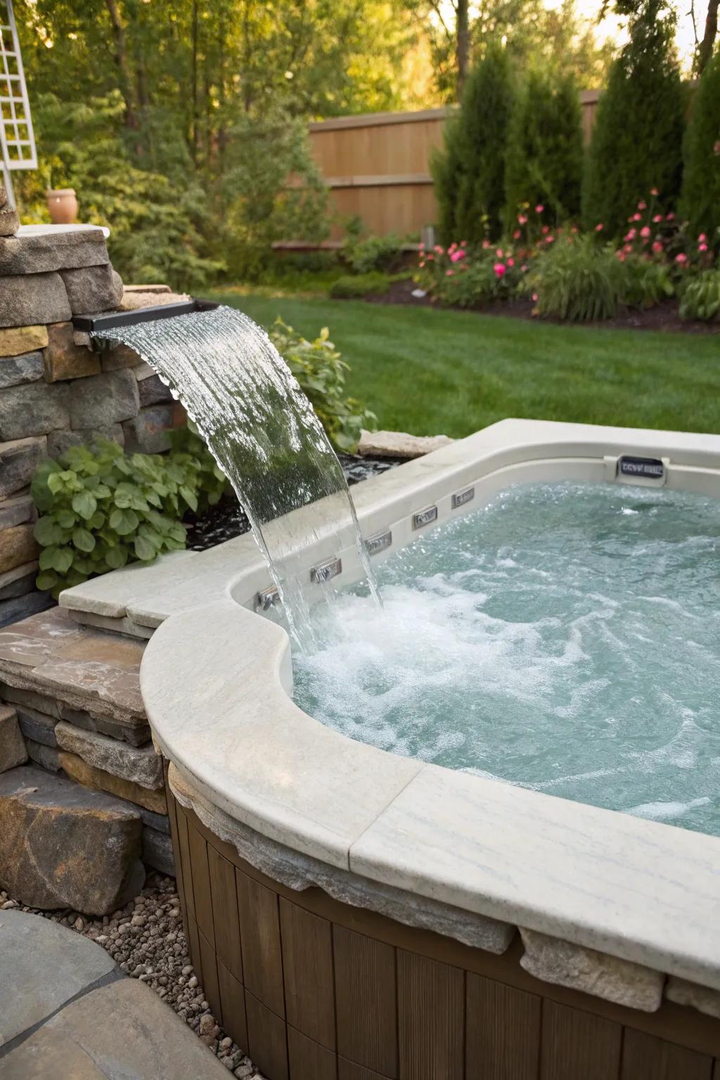 A waterfall injects a soothing auditory and visual element to your hot tub zone.