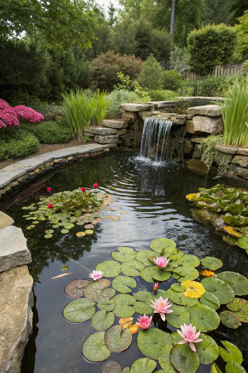 Bold pond plants bring life to this elevated pond.