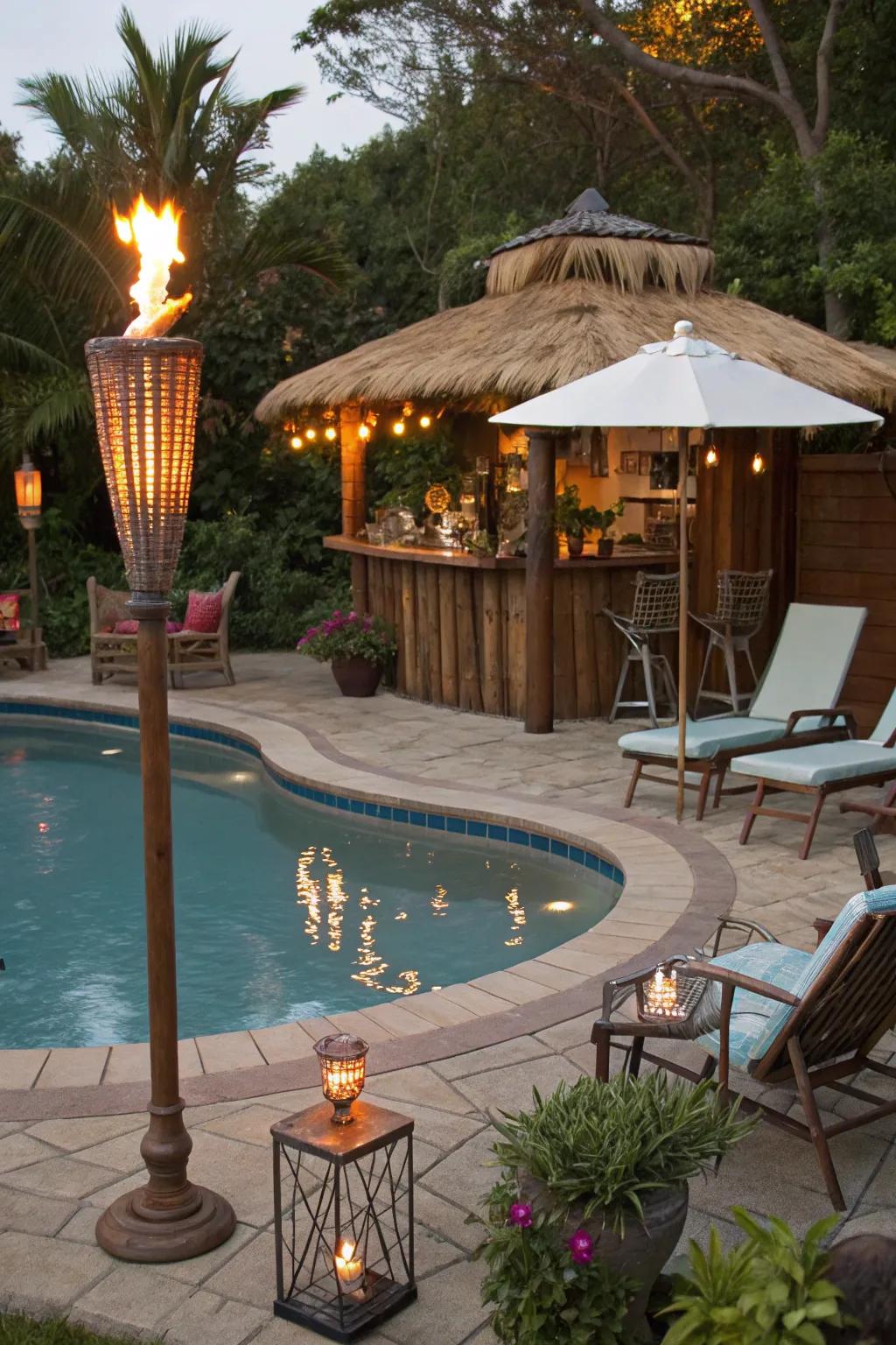 Tiki torches enhance the tropical feel of your poolside retreat.