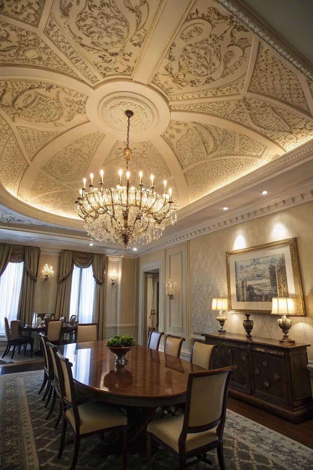 A chandelier elegantly highlights the ceiling's intricate details.