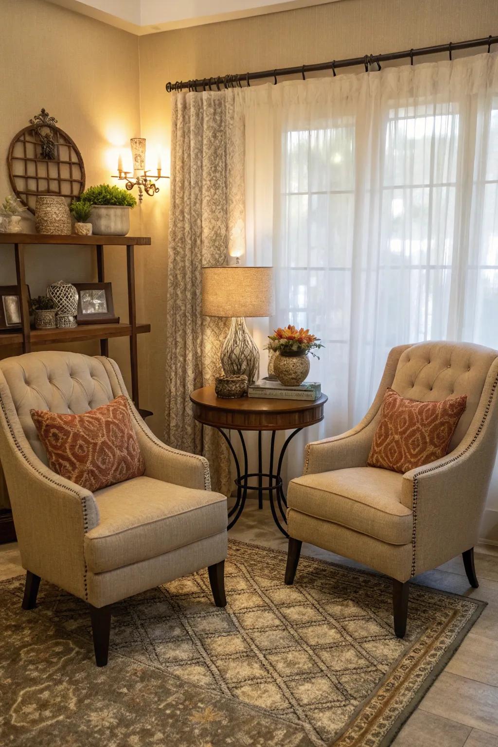 A conversation corner with two facing chairs invites intimate chats.