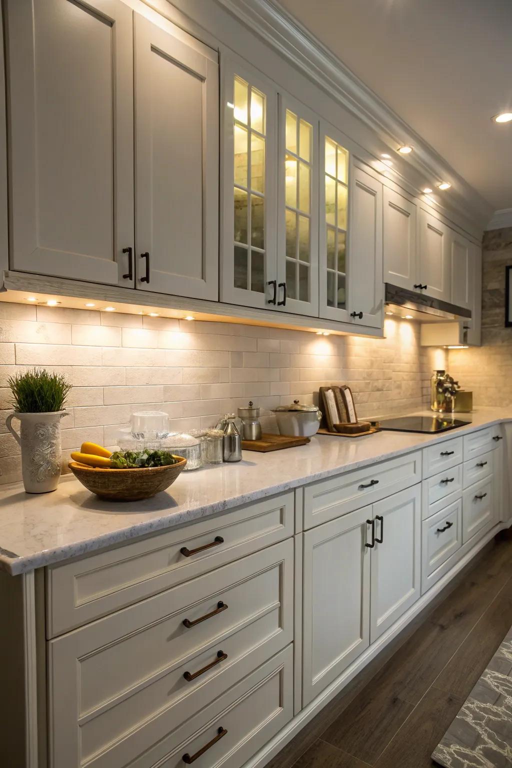 Under-cabinet illumination offers style and utility.