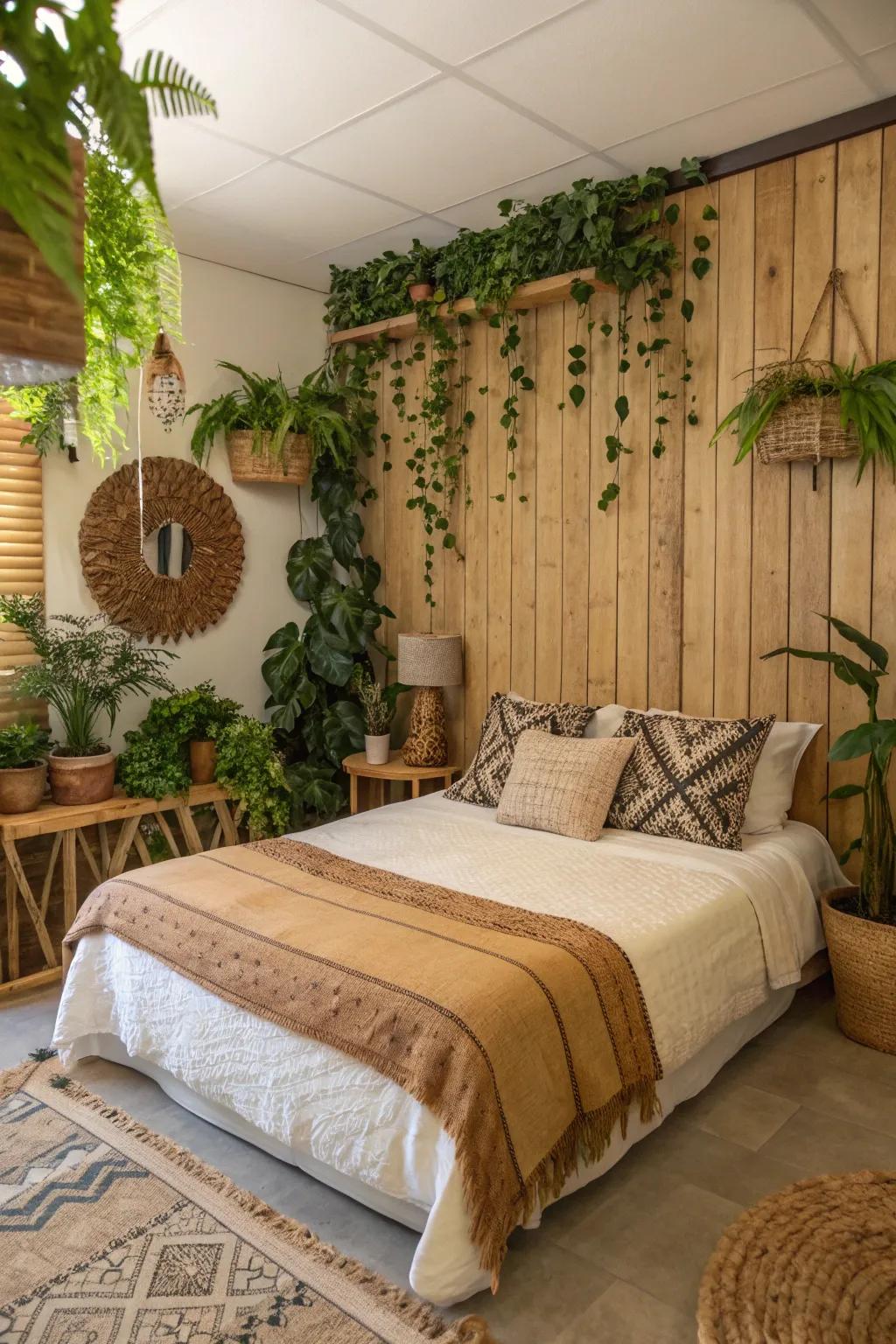 Organic elements on the feature wall add calmness and tranquility to the space.