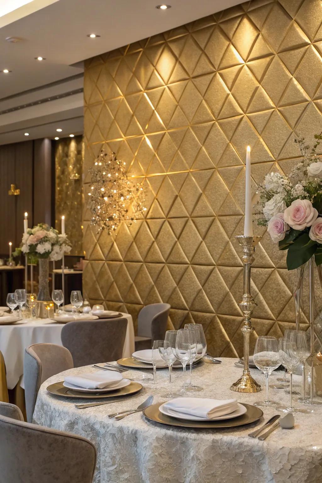 A luxurious dining area with a shimmering accent wall.