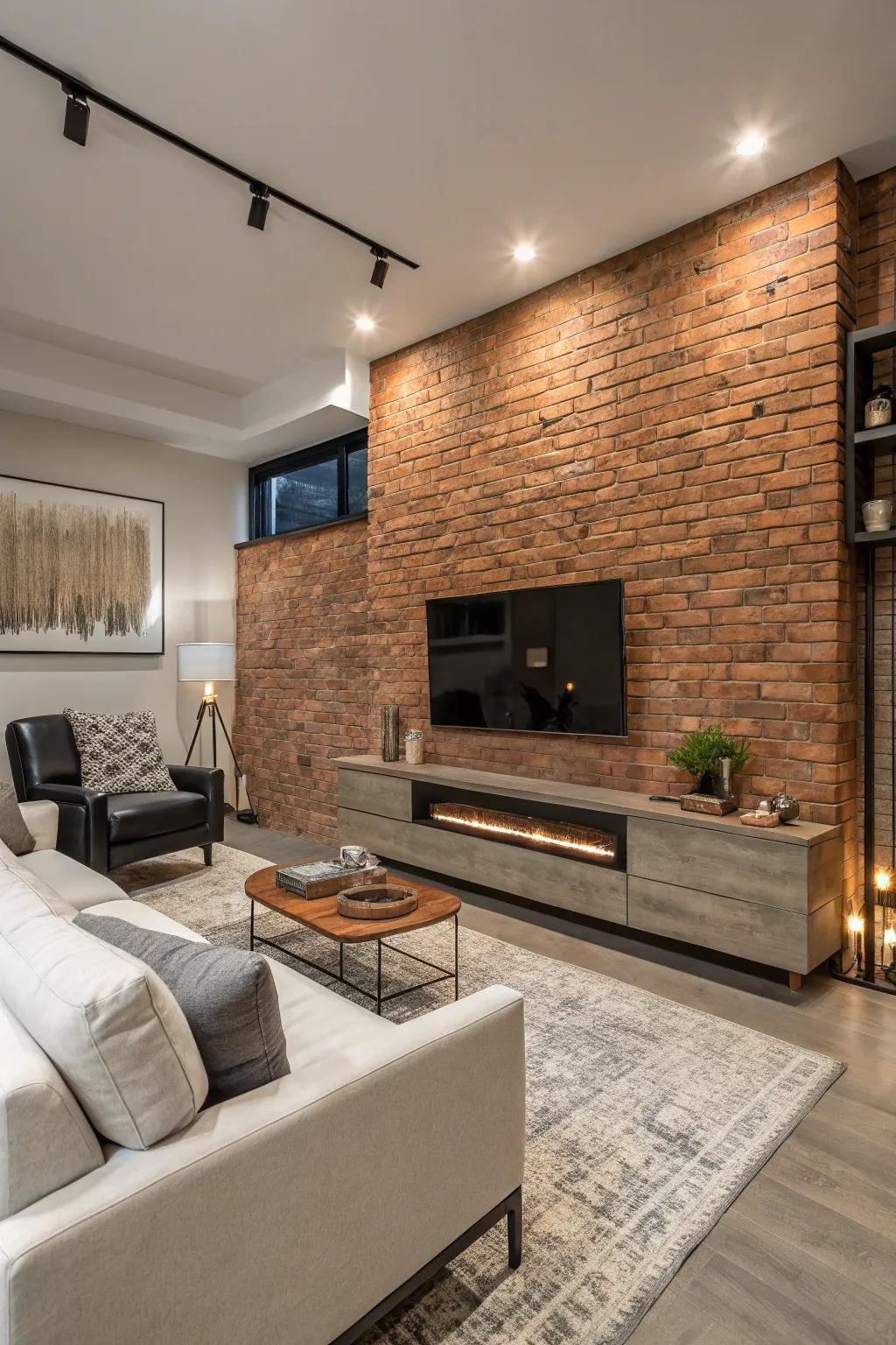 Industrial flair featuring exposed brick and a contemporary fireplace.
