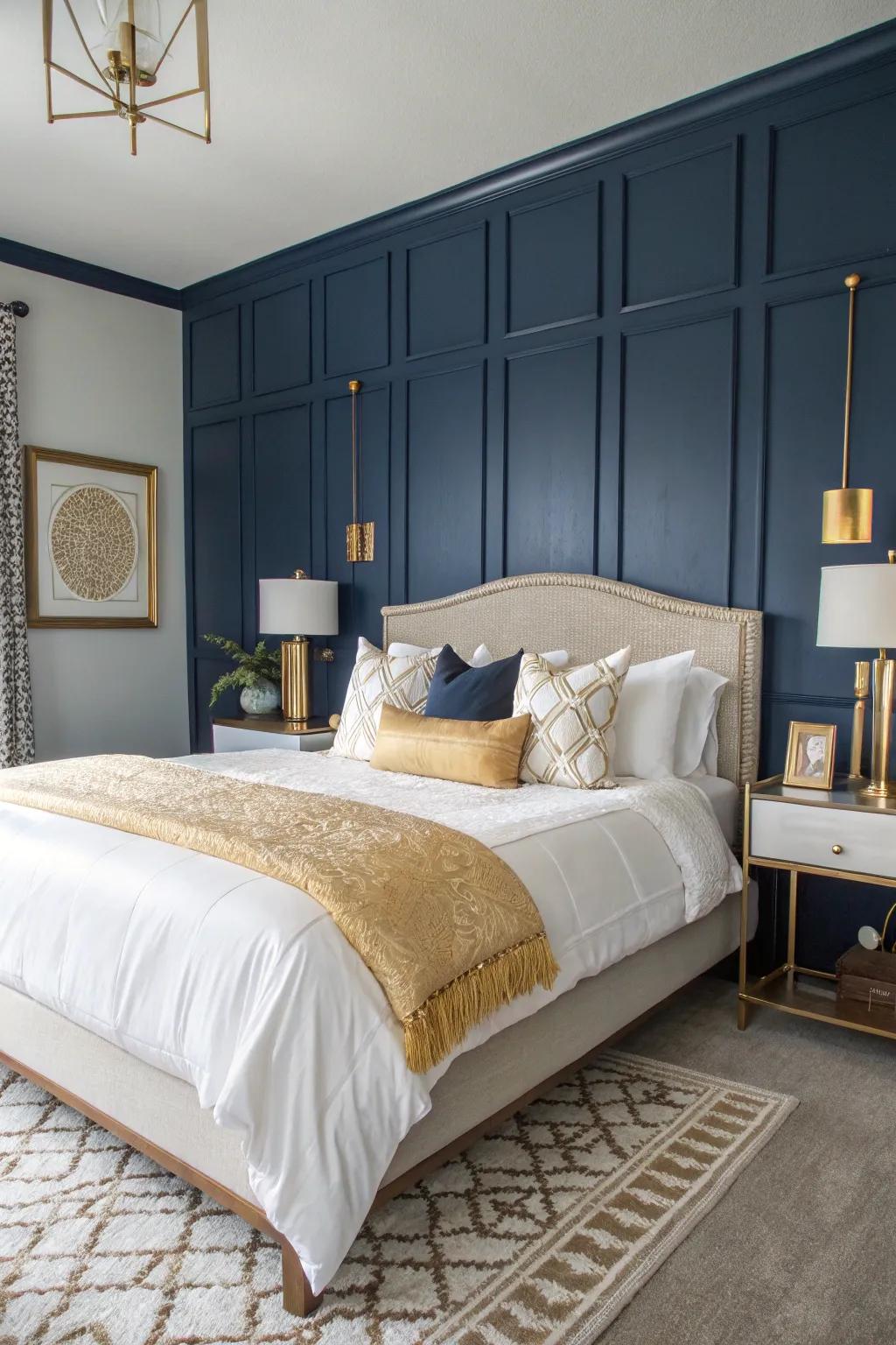 A bedroom featuring a dark indigo accent wall, creating a serene and stylish space.