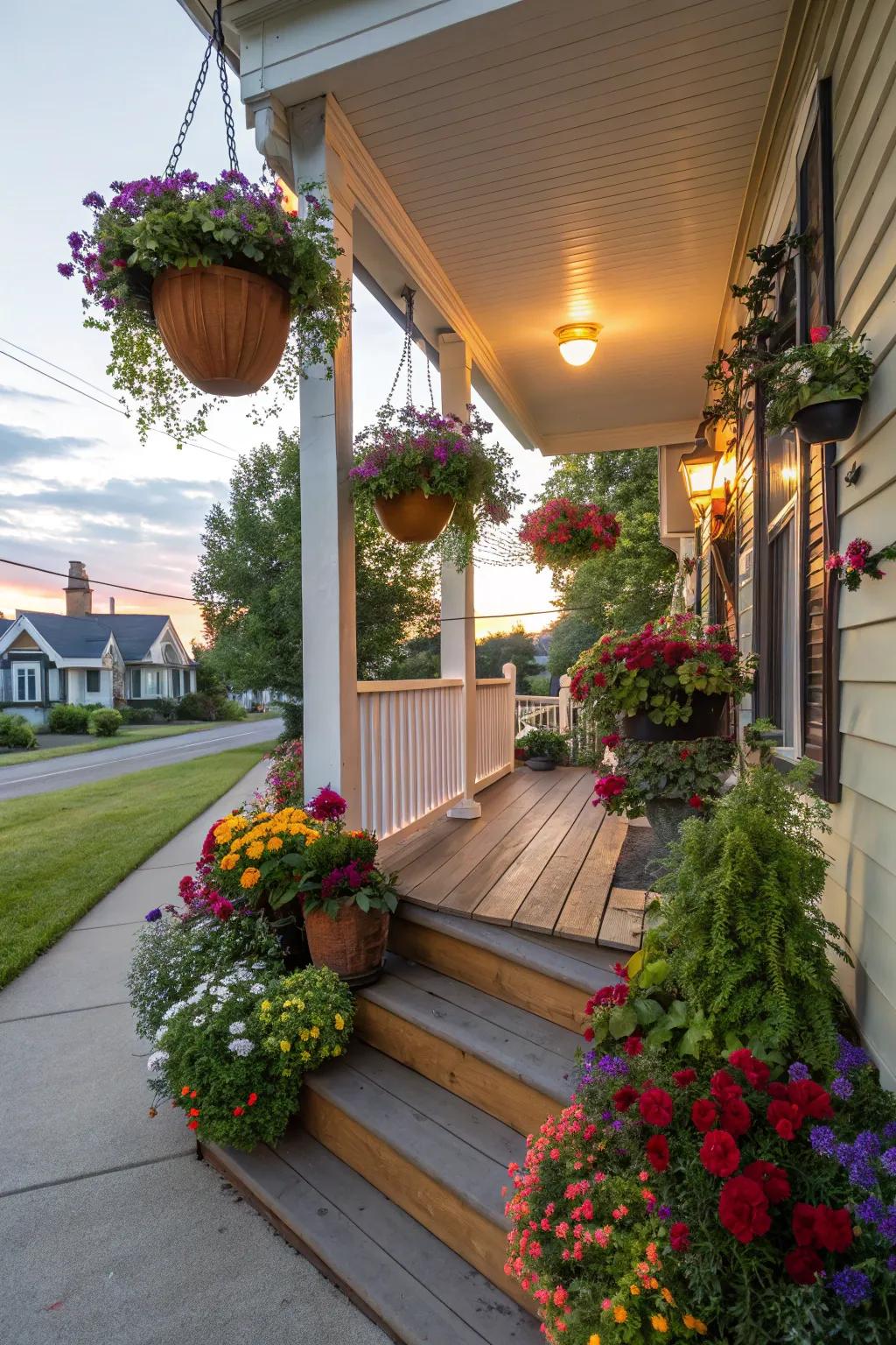 A lush porch featuring vertical gardens and suspended flowers.