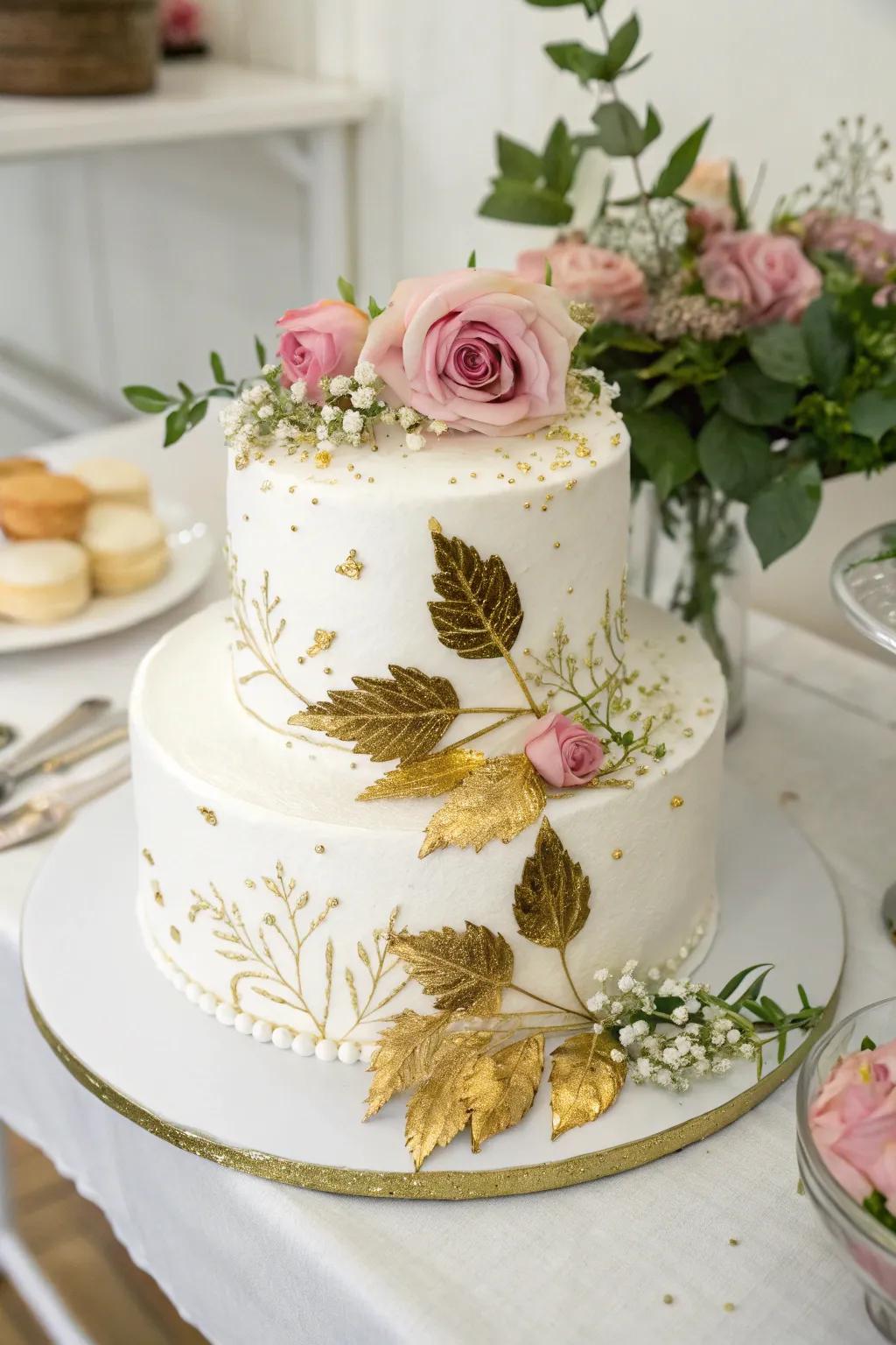 A sophisticated all-white cake serves as a stunning centerpiece.