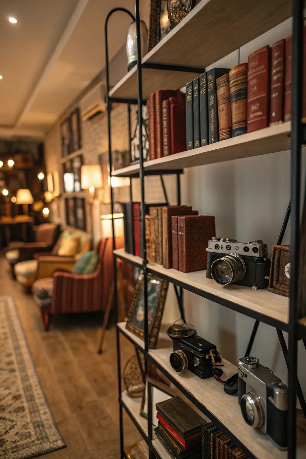 Shelves showcasing vintage items in a colonial-inspired setting.