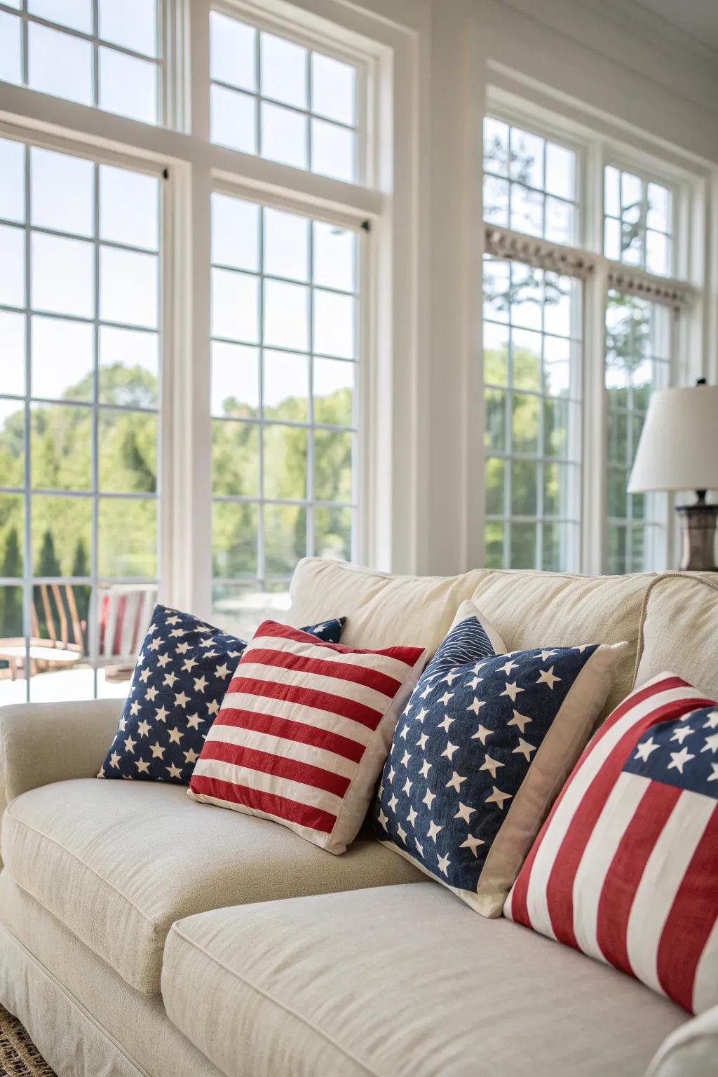 Flag-themed cushions introduce a burst of patriotism to this living area.