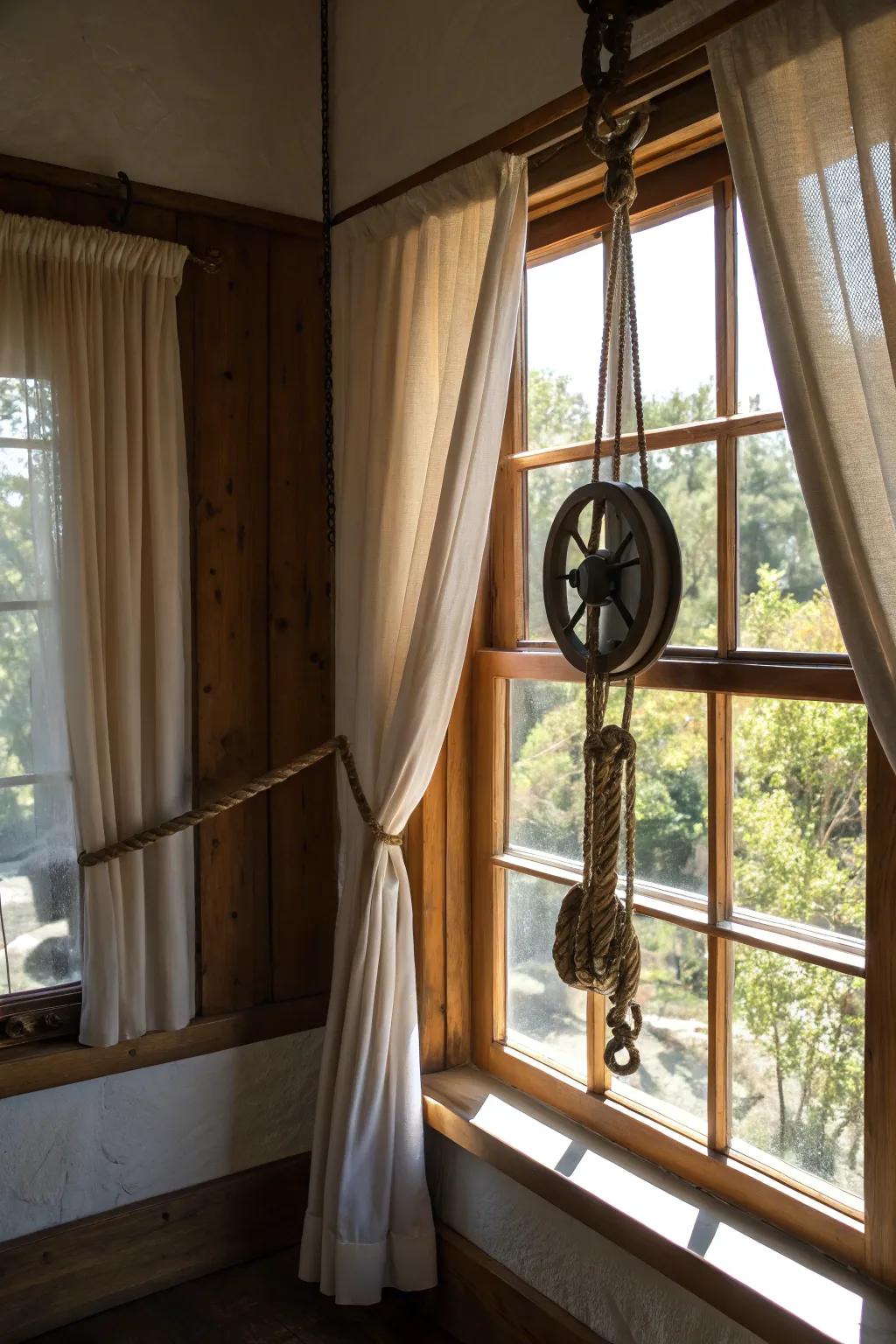 A creative curtain option utilizing vintage mechanisms.