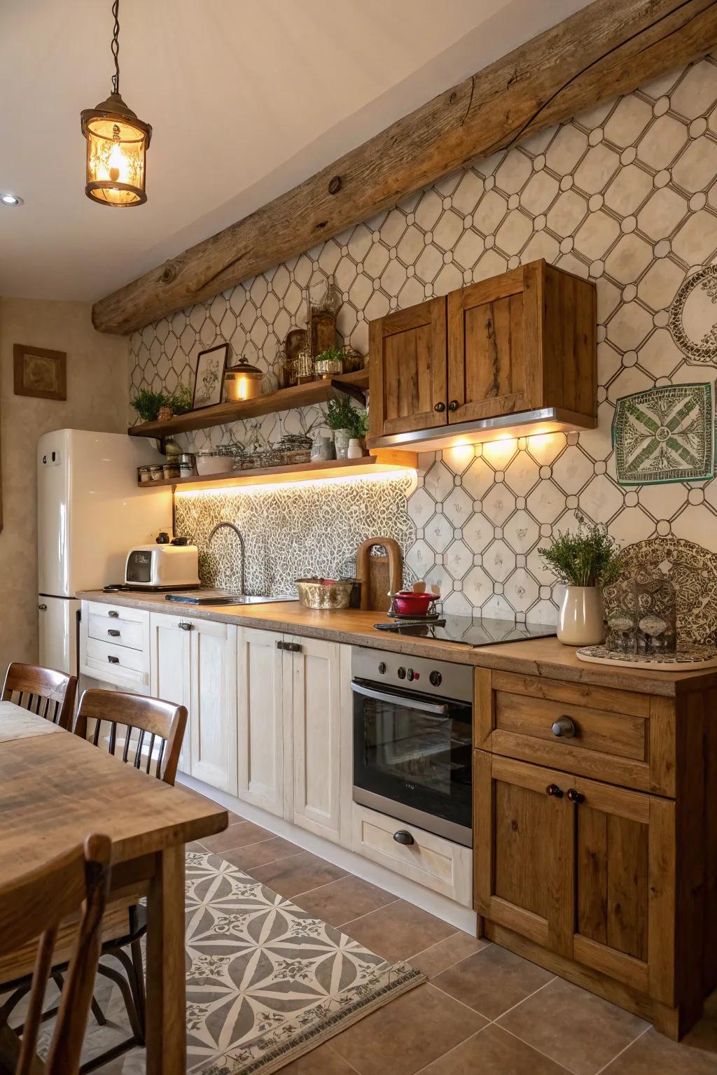 A cozy kitchen with warm wood accents and an arabesque tile backsplash.