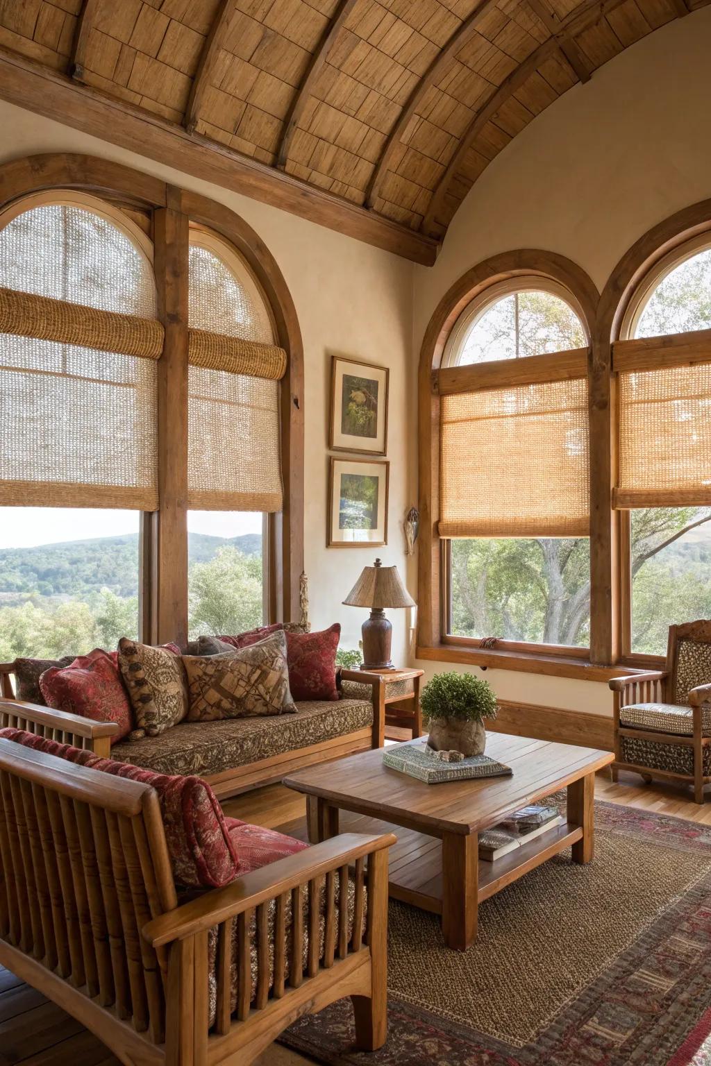 Rustic living room with woven shades on arched windows.