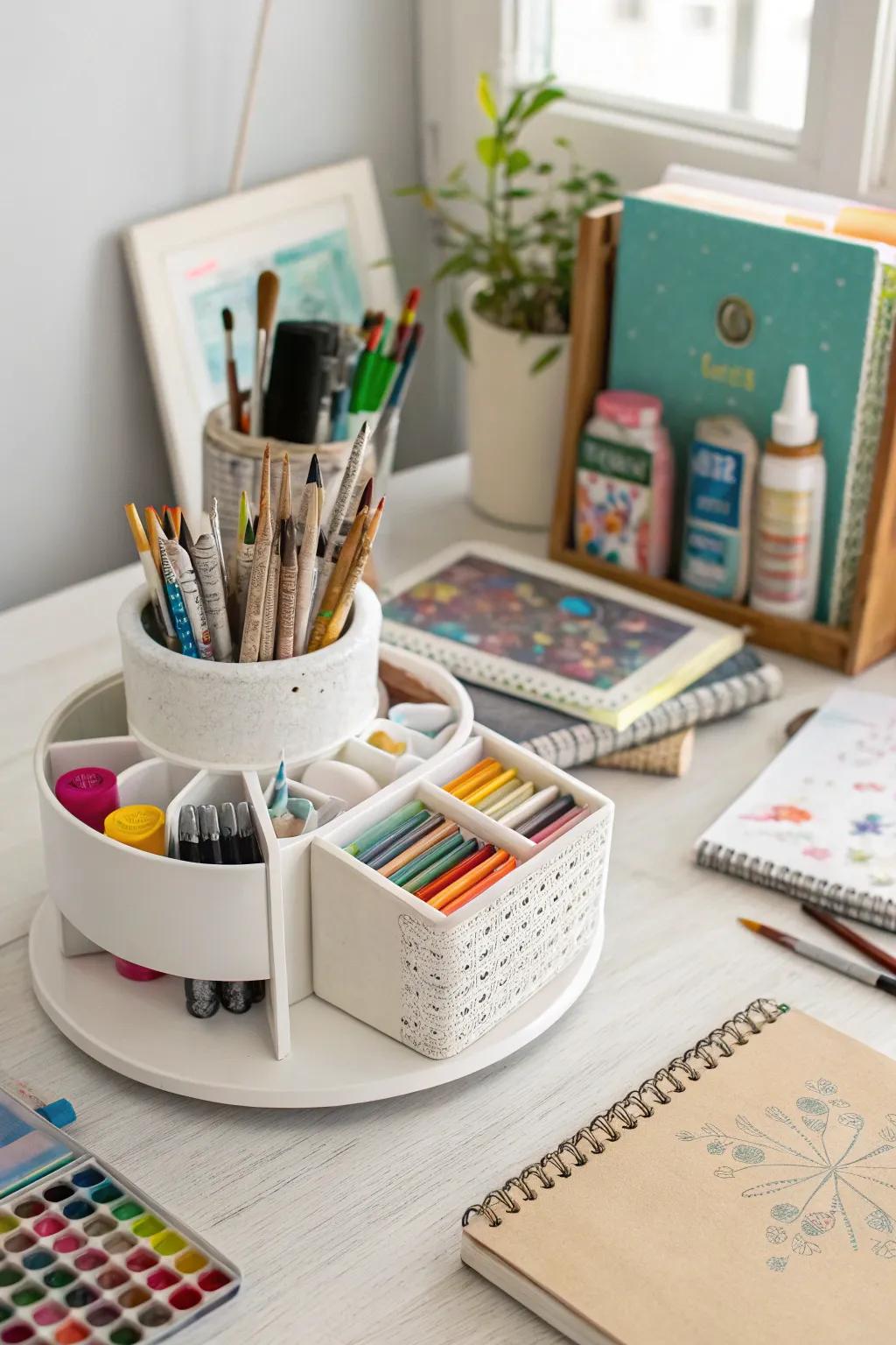 Rotating caddies provide easy access to your frequently used art supplies.