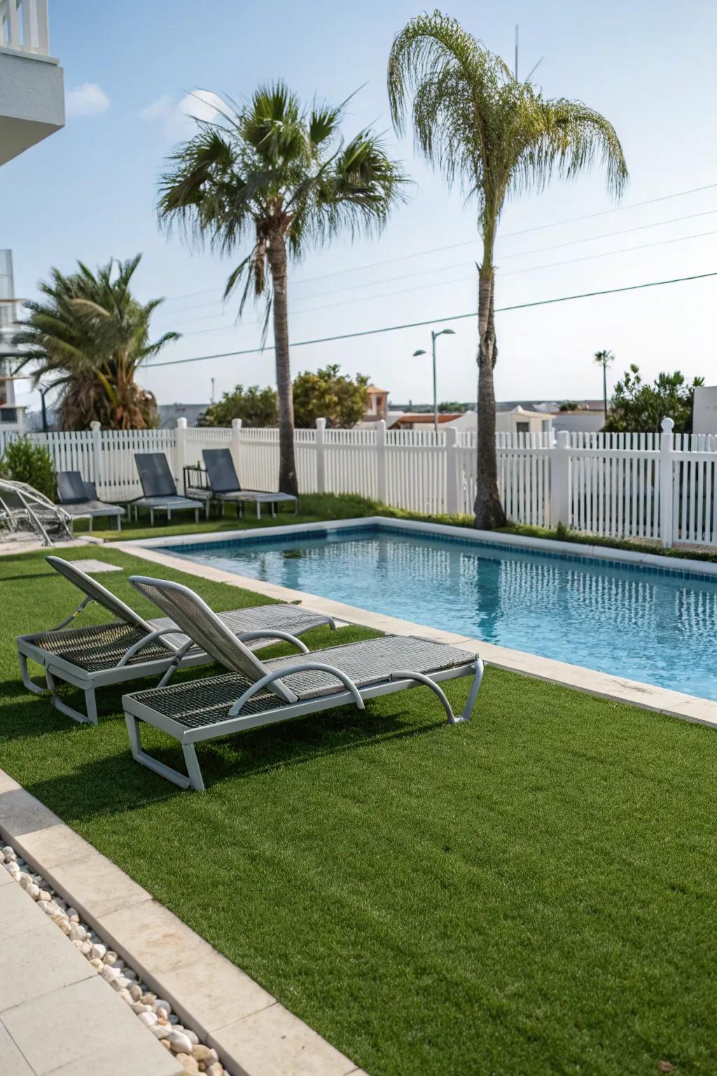 A spotless poolside area with dynamic synthetic turf.