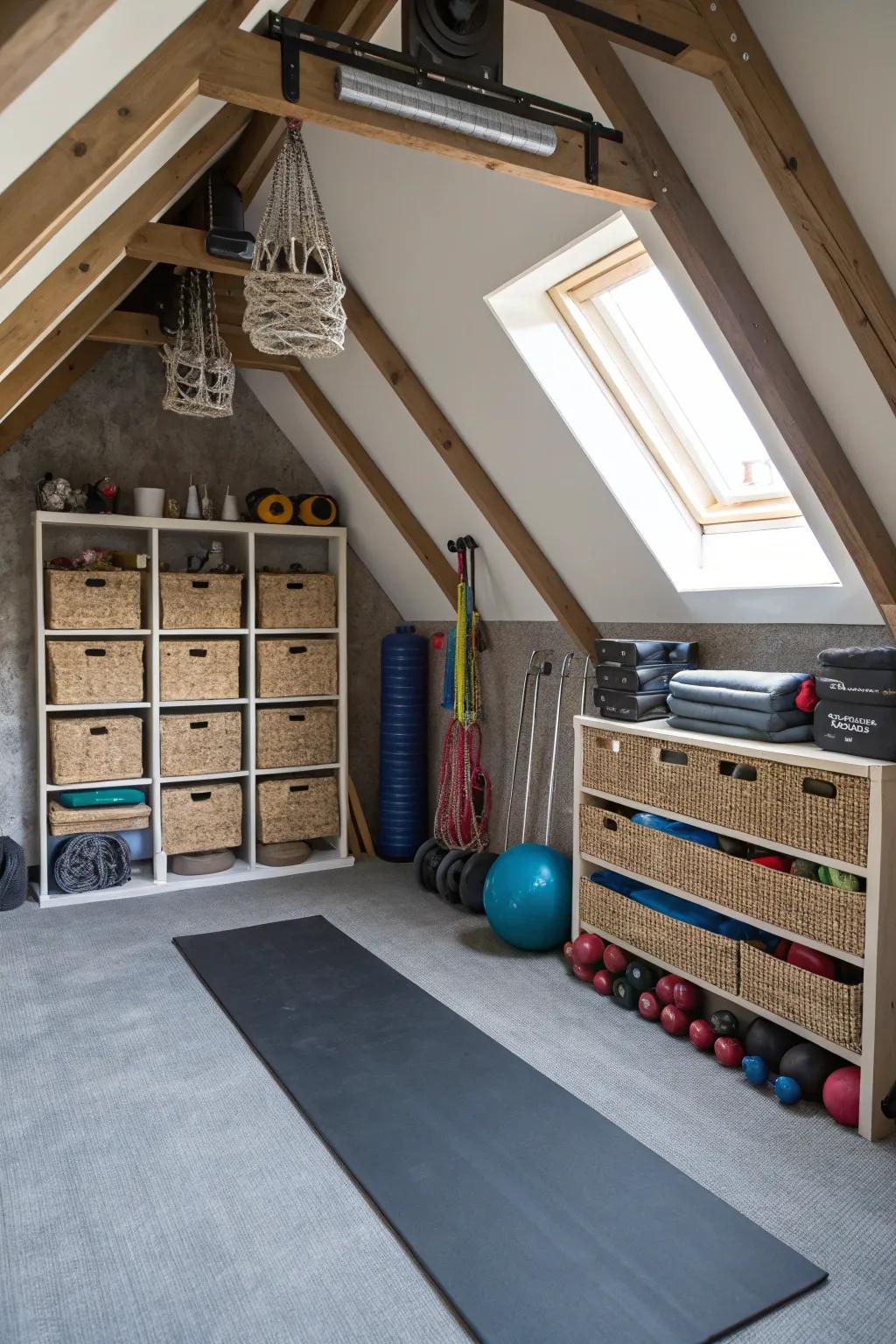 Creative application of attic angles to provide attractive storage.