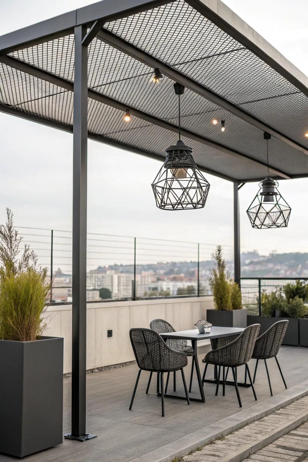 Attain an industrial aesthetic through a metallic net awning.