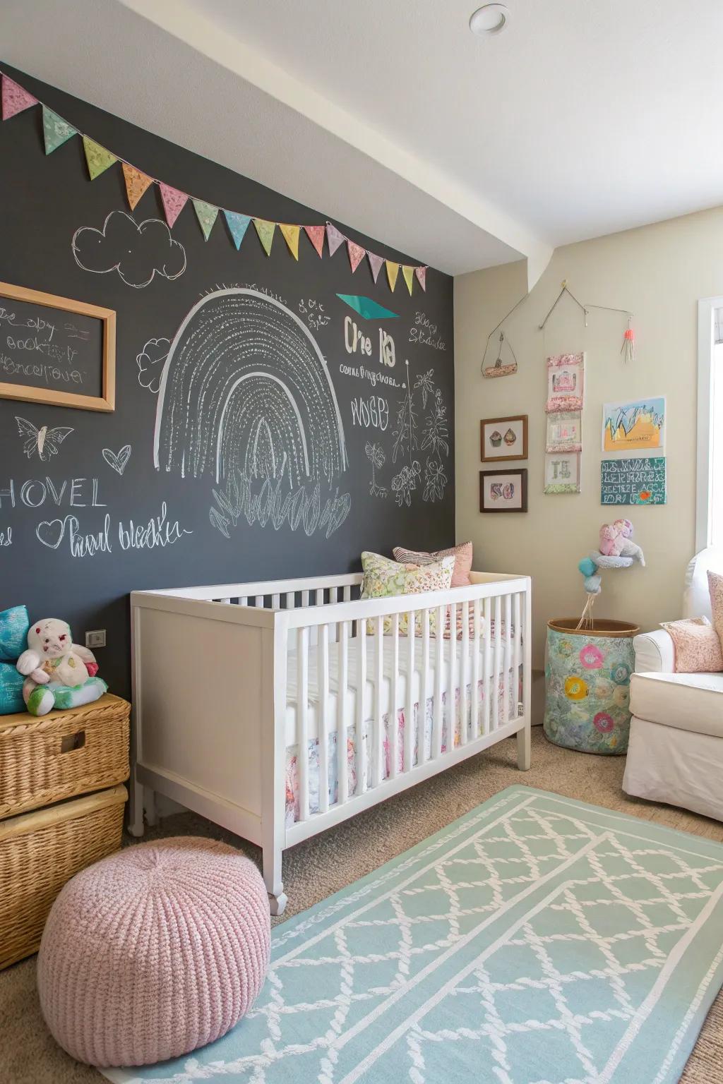 A chalkboard wall fosters creativity and learning.