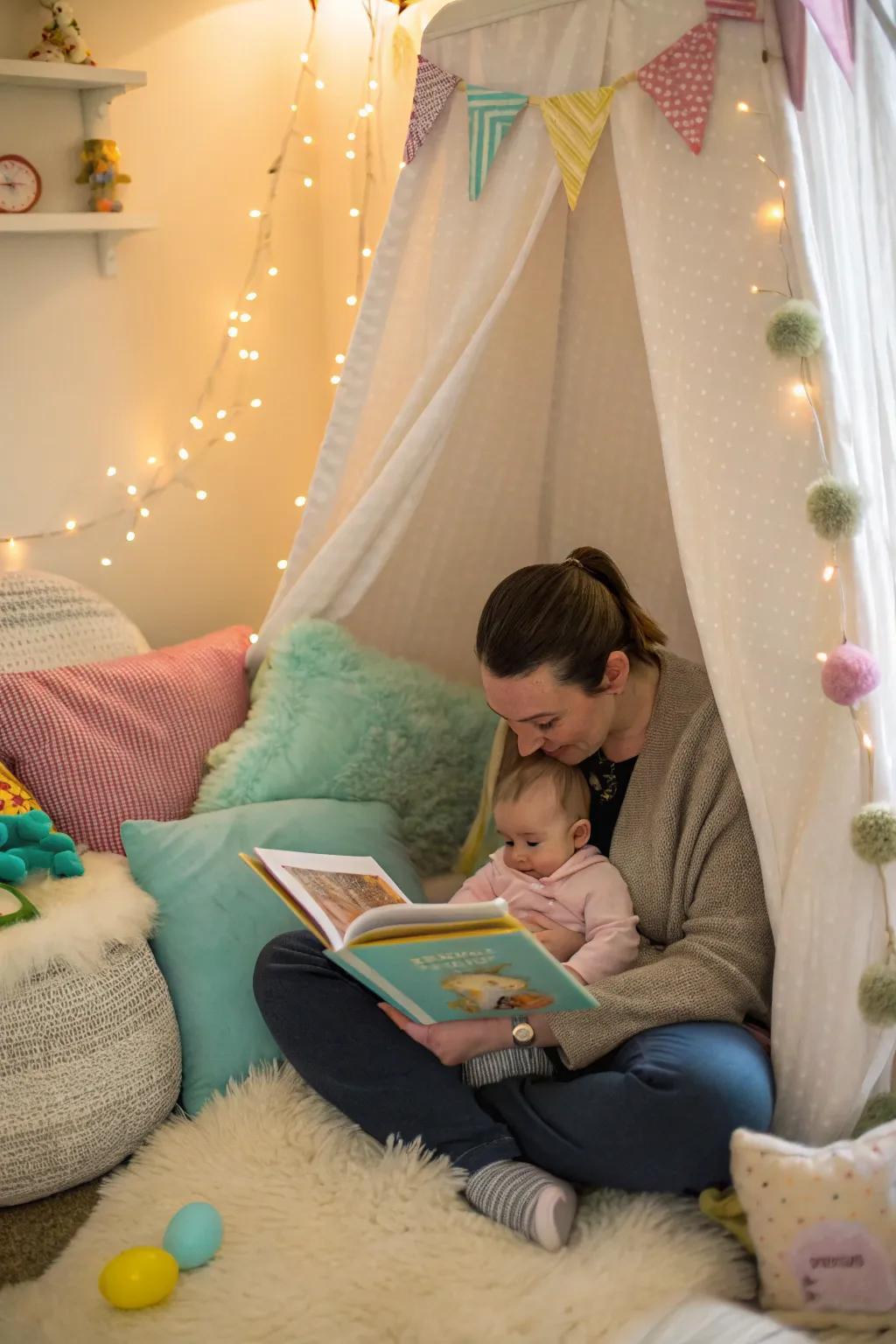 A cozy moment sharing an Easter storybook.
