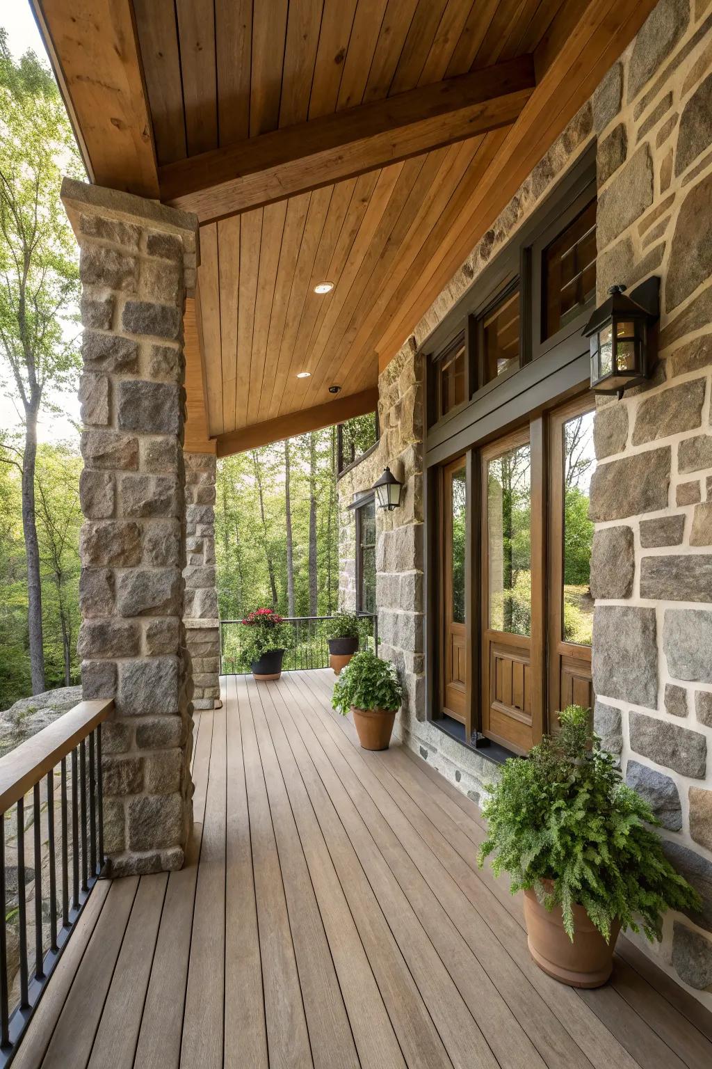 Blend diverse materials to achieve a textured and intriguing porch aesthetic.