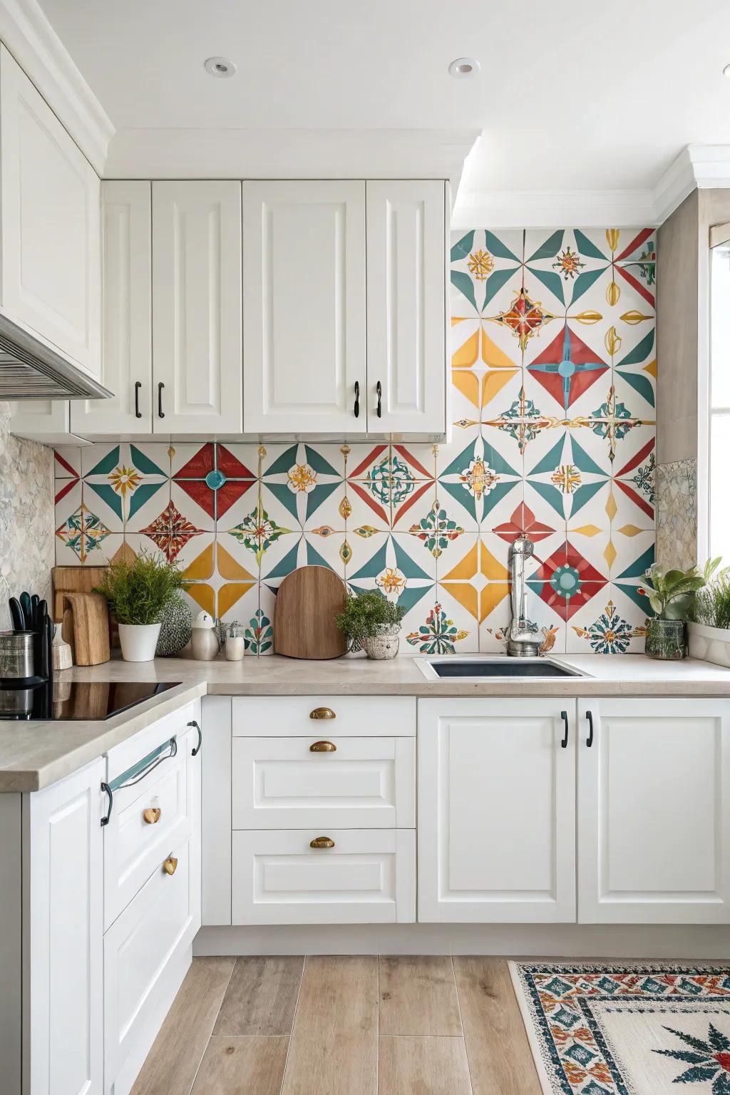 Symmetrical tiles introduce a modern touch to this elegant white kitchen.