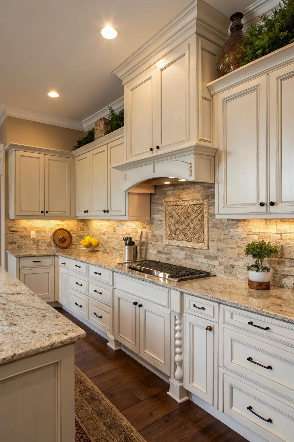 Inherent stone tiling enhances the organic charm of the cooking area space.