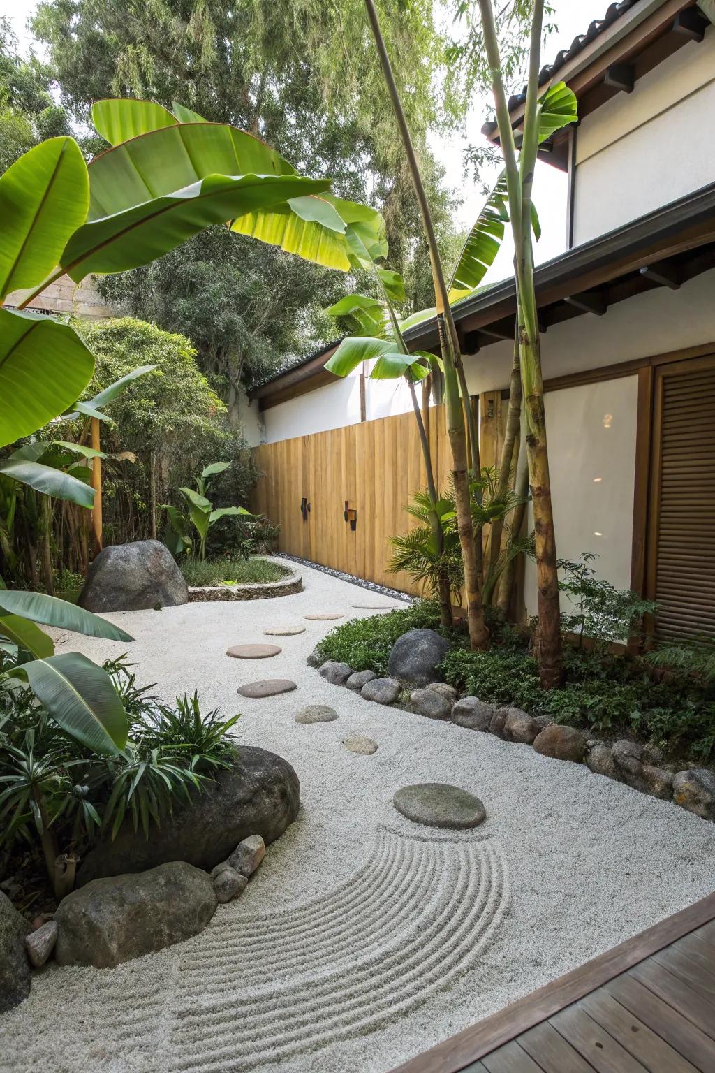 Design a serene tranquil garden with the tropical influence of banana trees.