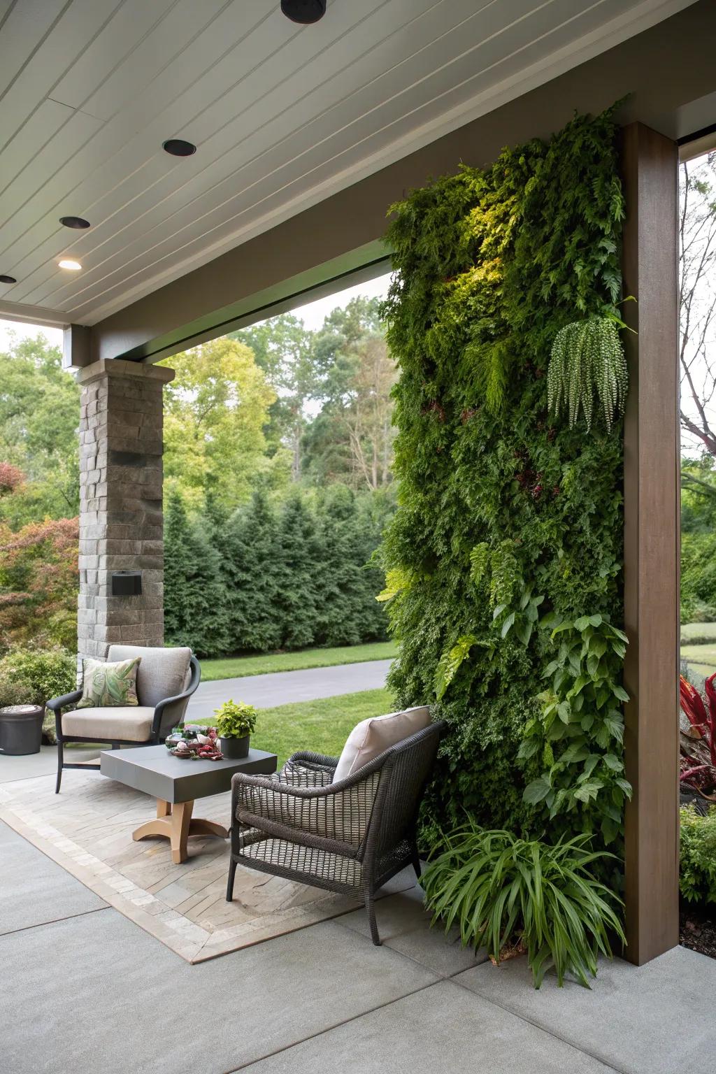 A vertical plant wall saves space while adding greenery.