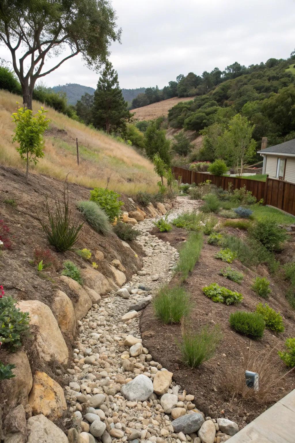 Dry streambeds are a useful and aesthetic solution for drainage.