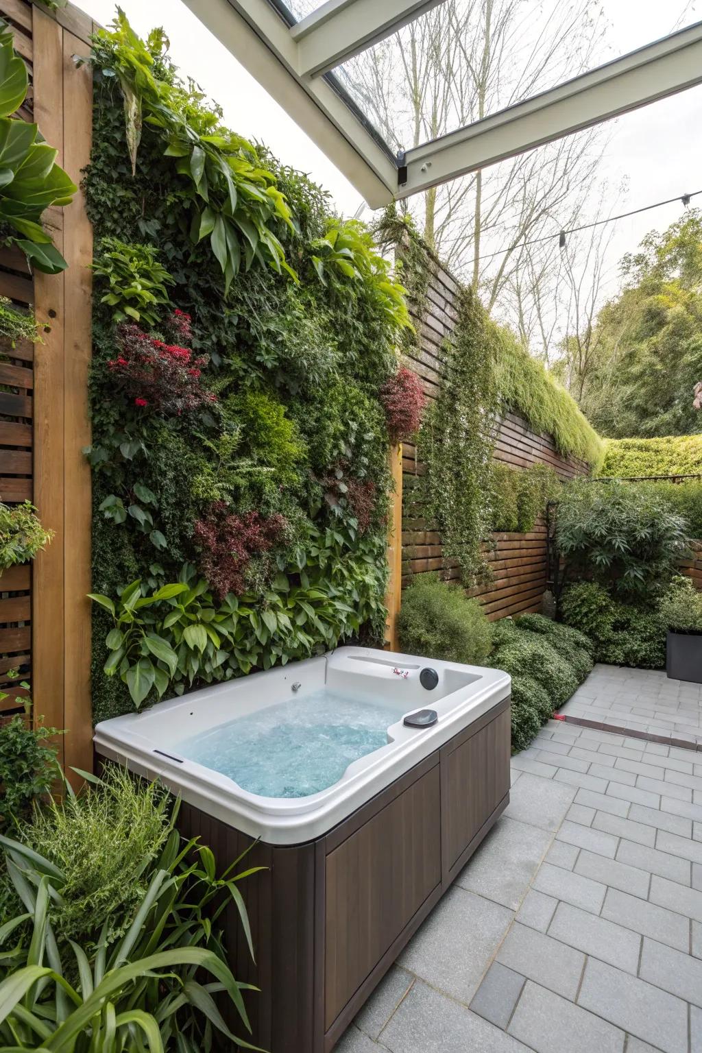 A vertical garden delivers a lush, green privacy solution for your hot tub area.