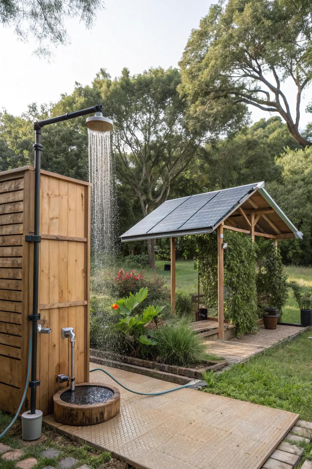 An eco-conscious outdoor shower area utilizing solar power and rainwater.