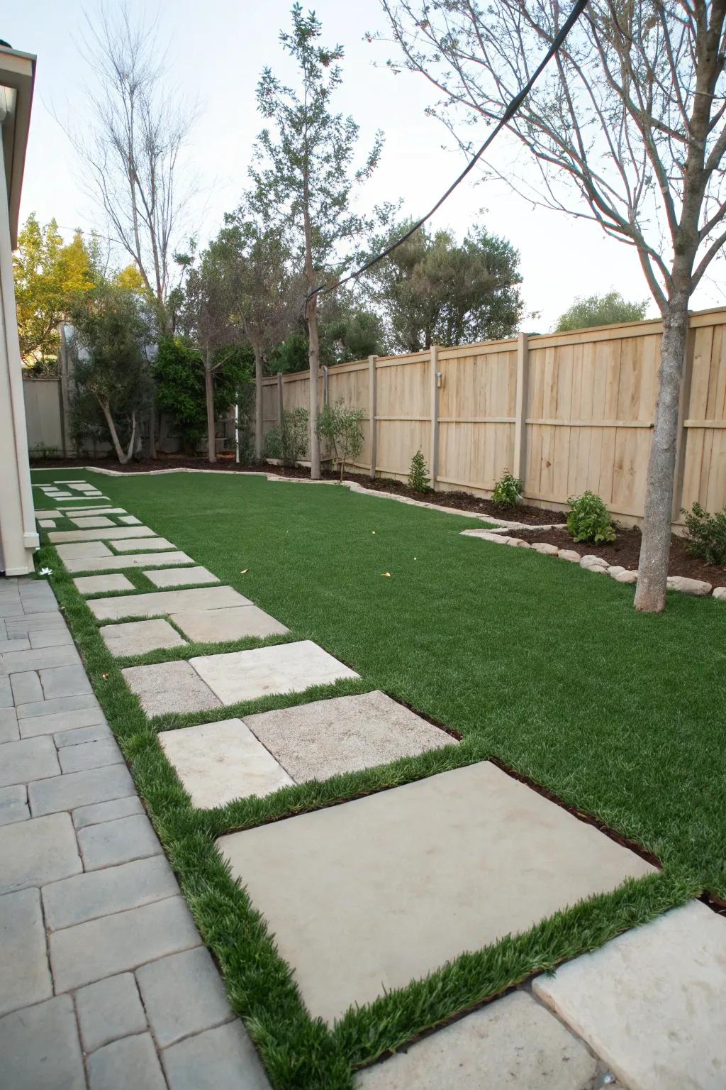Modern pavers with lush artificial lawn in between.