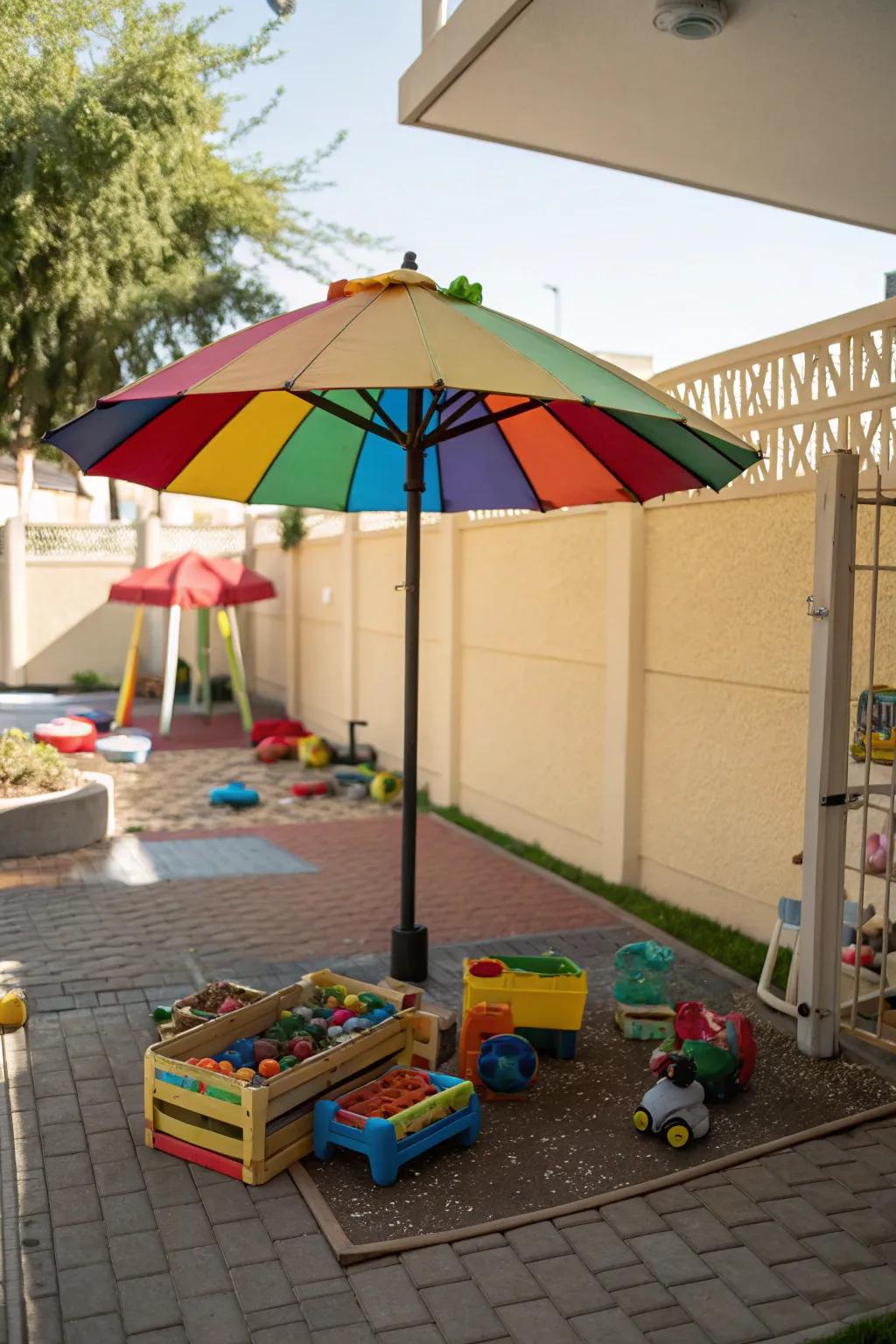 A shaded play area for children featuring a colorful umbrella.