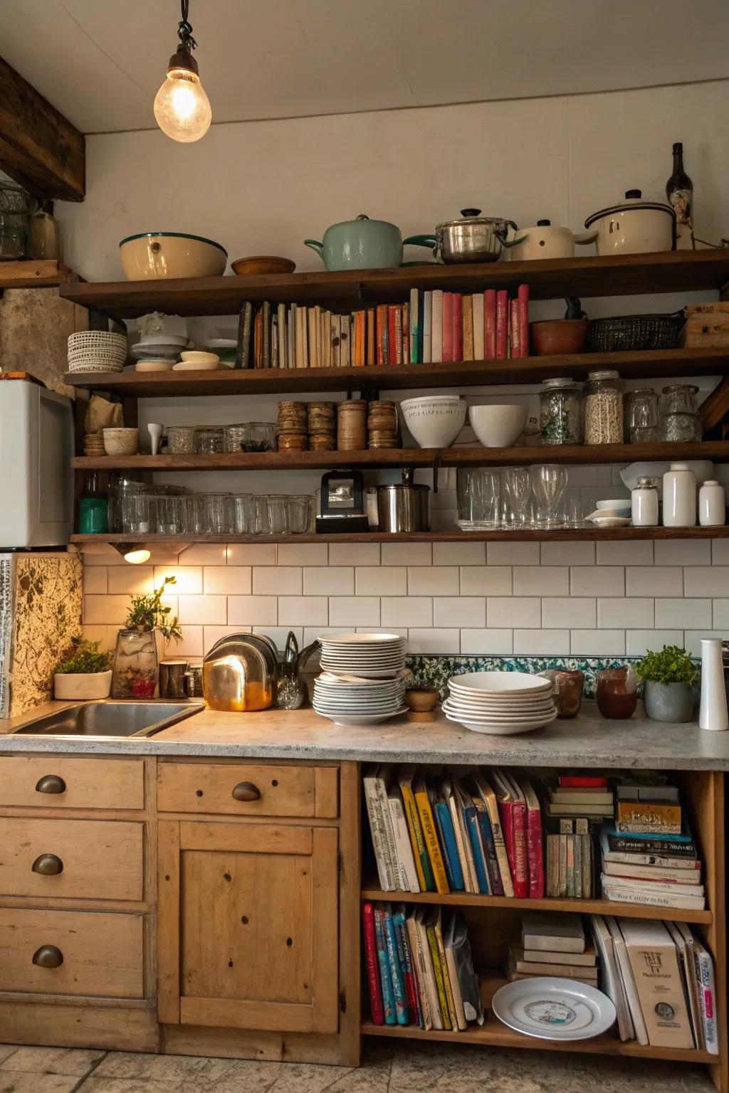 A kitchen cluttered with open shelving, filled with an assortment of dust-collecting items.