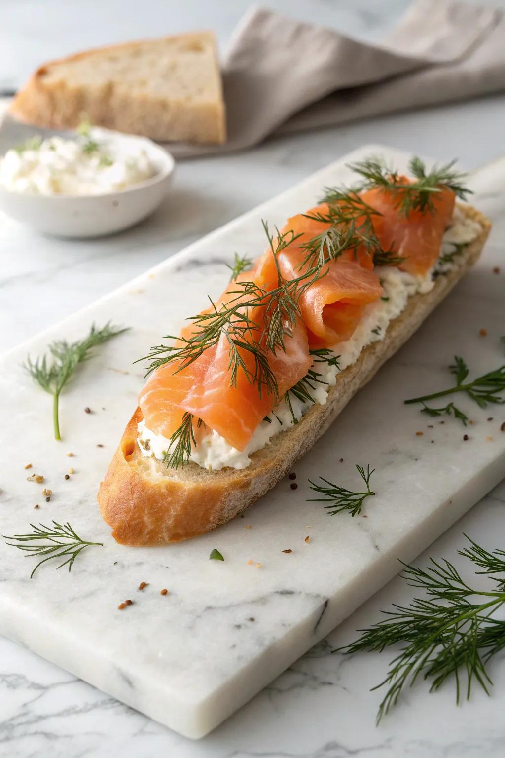 Extravagant cured salmon and cream cheese on a crisp French loaf.