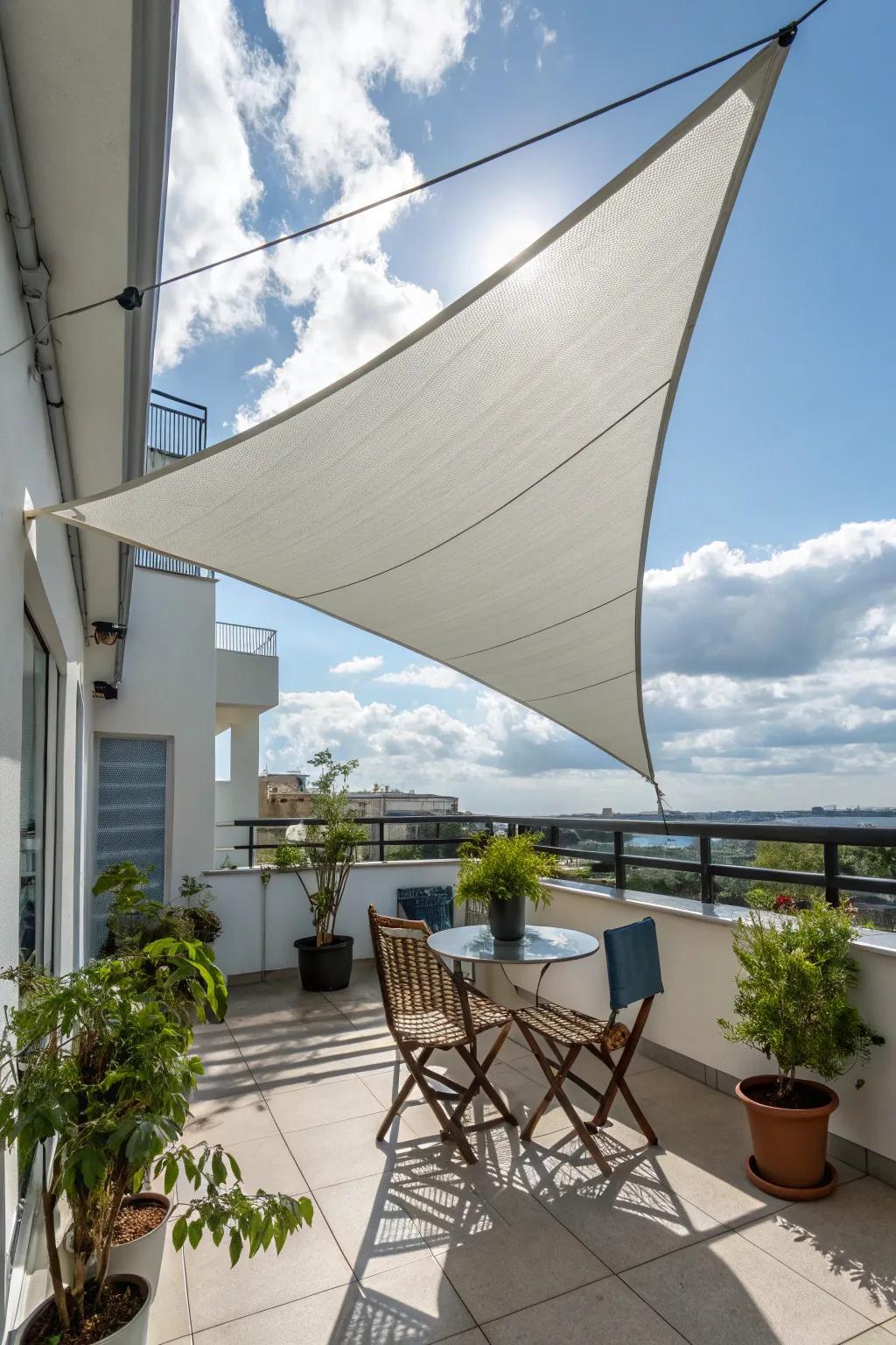 A modern sail shade providing dynamic shading on a balcony.