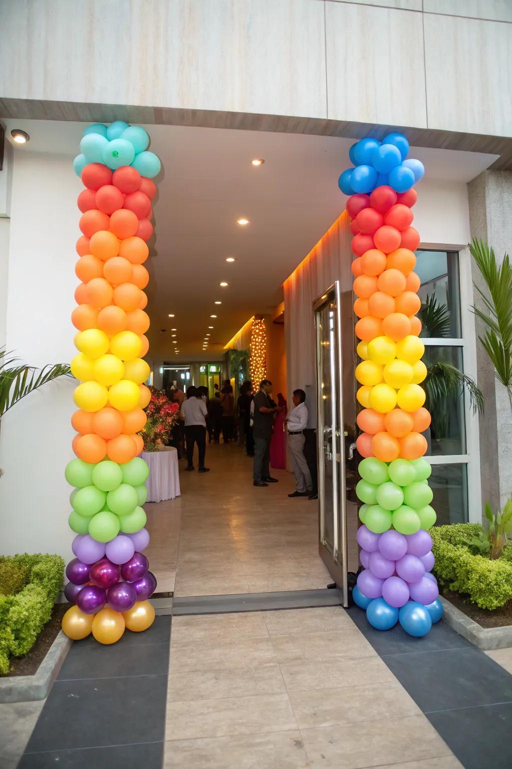 Towering balloon pillars create a dramatic entrance feature.