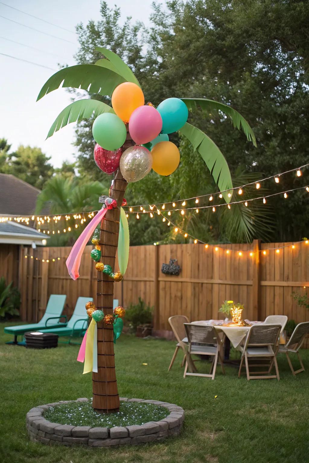 Balloon palm trees create a tropical feel.