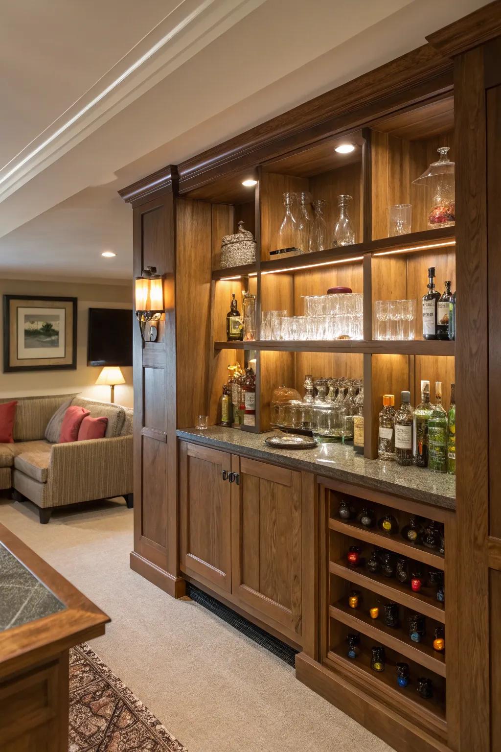 Built-in shelves provide a smooth bar integration.