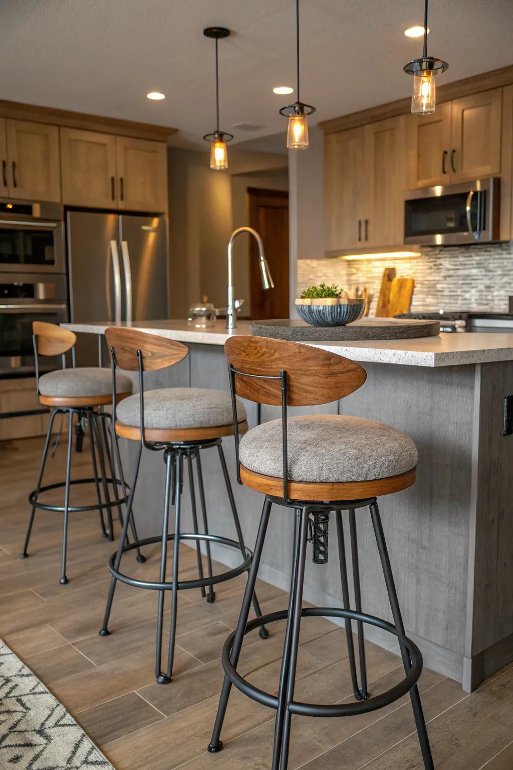 Bar stools that blend different materials that give a diverse touch.