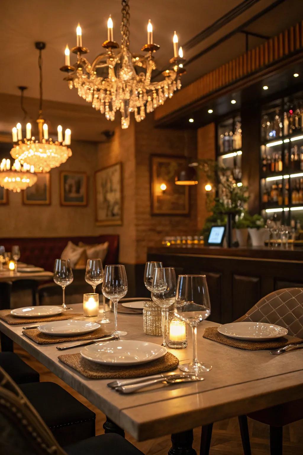 Welcoming environment created by warm lighting above the bar table.