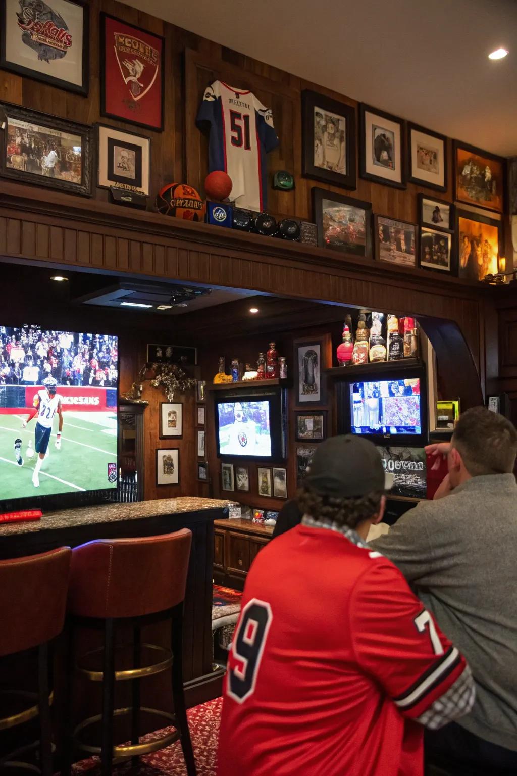 Sports lover area celebrates your passion using memorabilia and games.