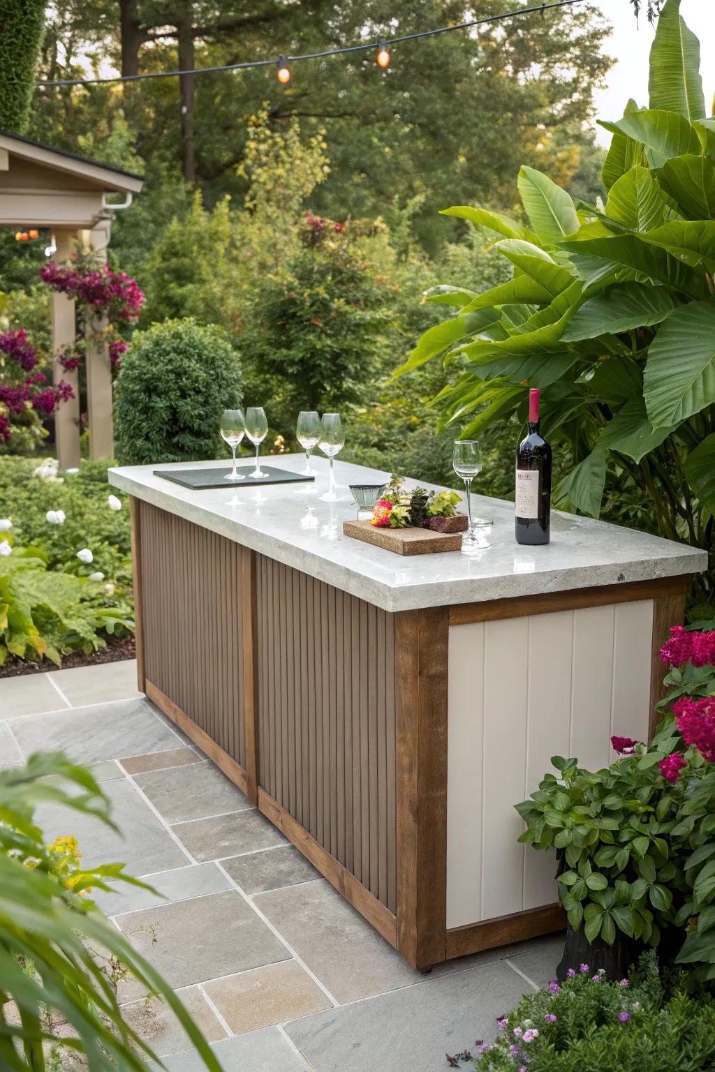 Durable outdoor bar tops for garden areas.