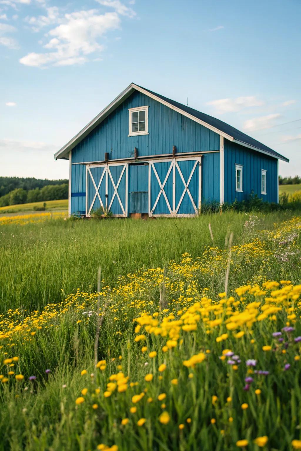 A fun blue barn that adds a splash of color to the landscape.