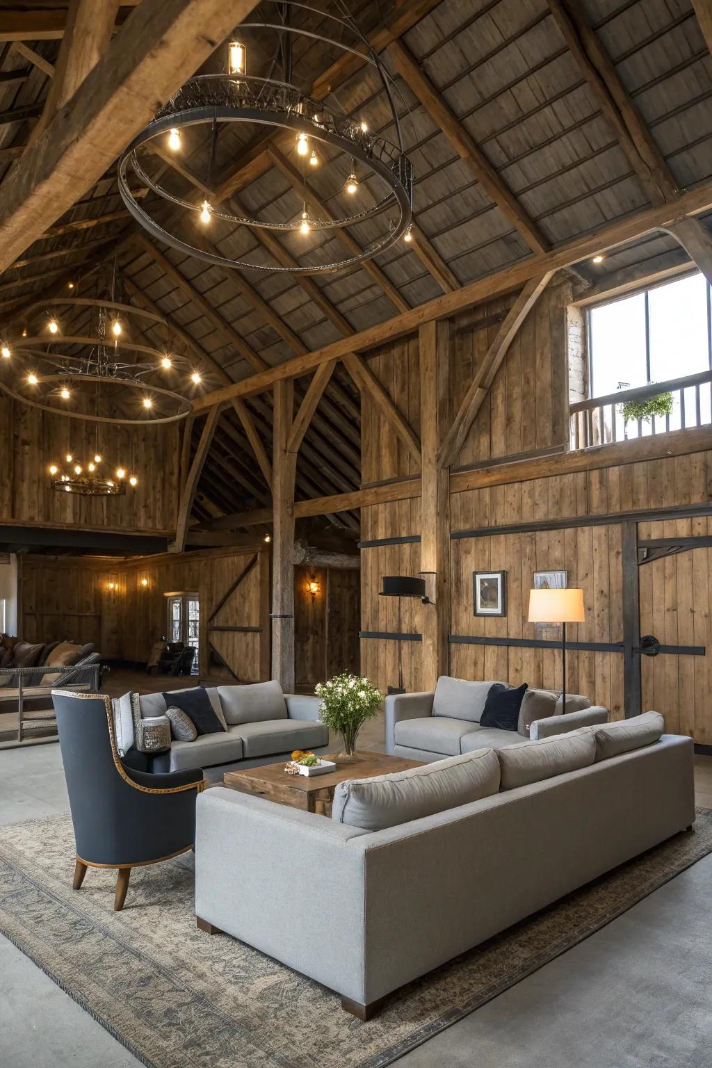 A barn loft that balances countryside charm with modern design elements.