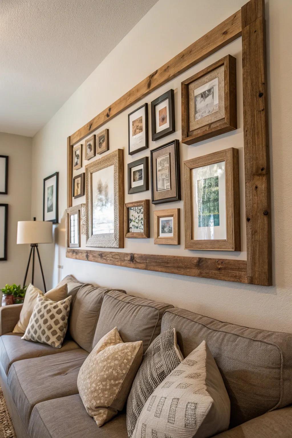 Tiered frames from aged wood for supplemental dimension.